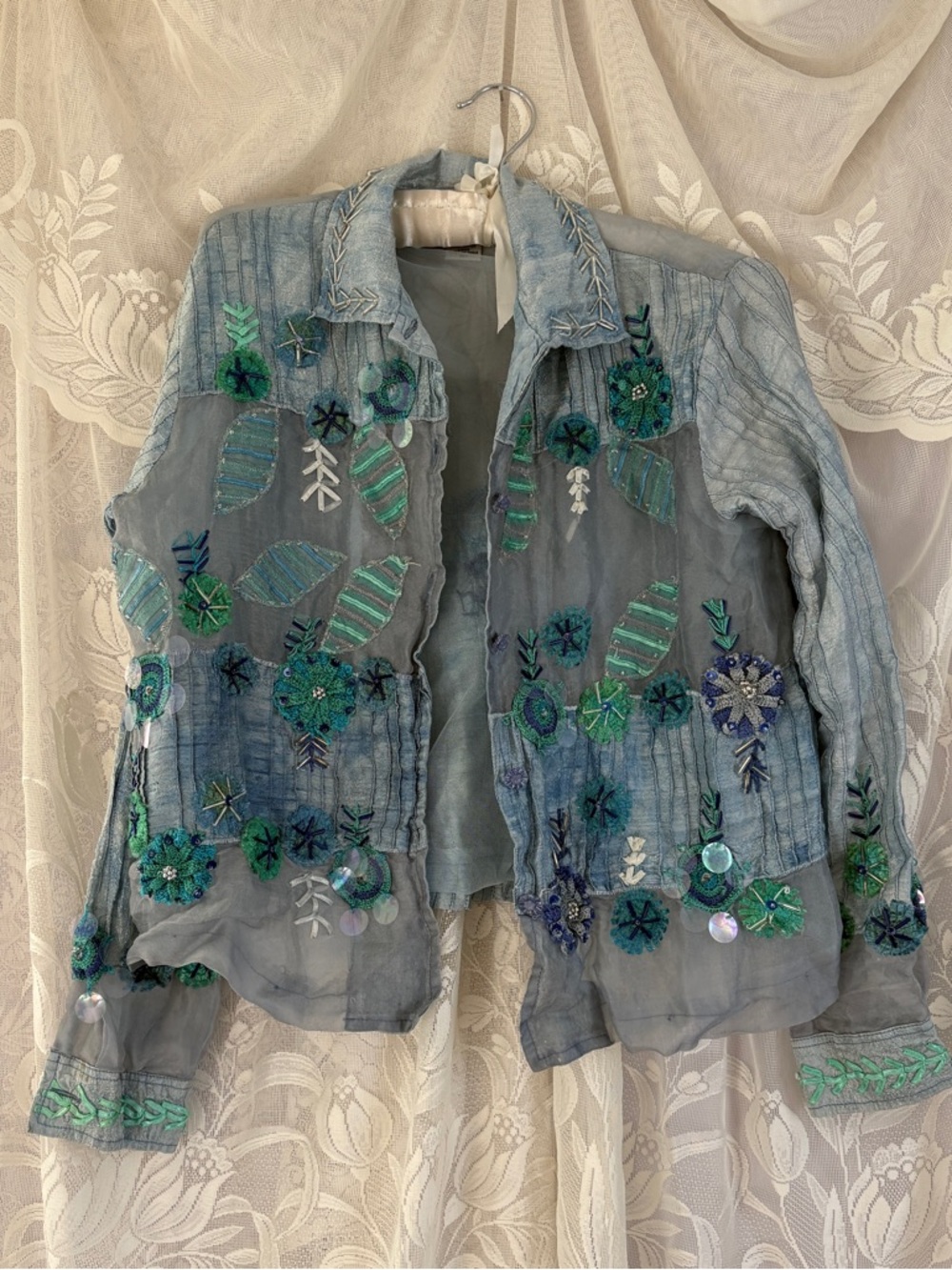 Whimsy fairy mermaid vintage girly silk beaded sequin embroidered blouse - Picture 3 of 7